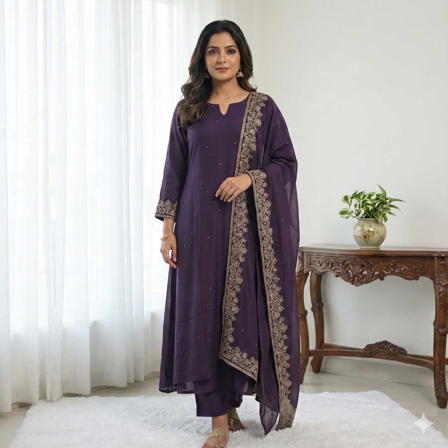 Dark Violet Party wear 3pc suit with beautiful hand work