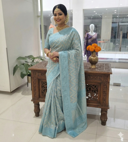 Kora weaving Party wear Saree allover design and beautiful embroidery borders