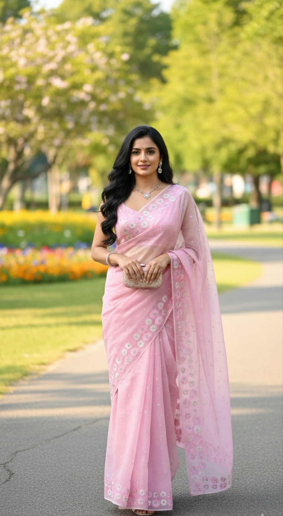 Pastel Pink Lenin Tissue Saree With Embroidery & Mirror work