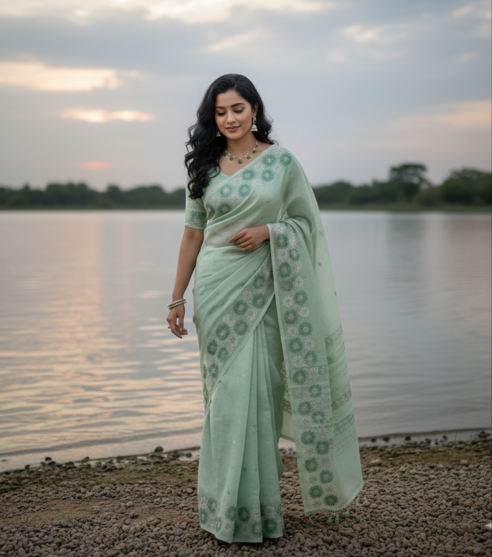 Lenin Tissue Saree with Embroidery & Mirror work