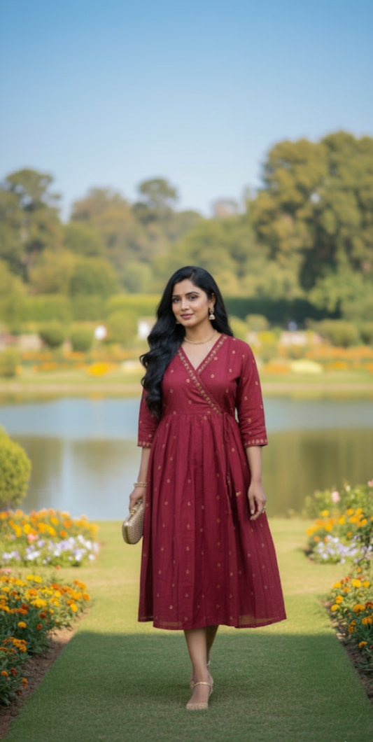 Maroon Color Raw Silk Frock with Handwork