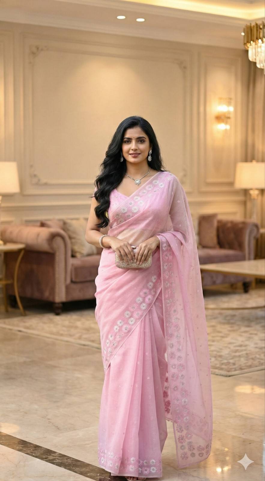 Pastel Pink Lenin Tissue Saree With Embroidery & Mirror work
