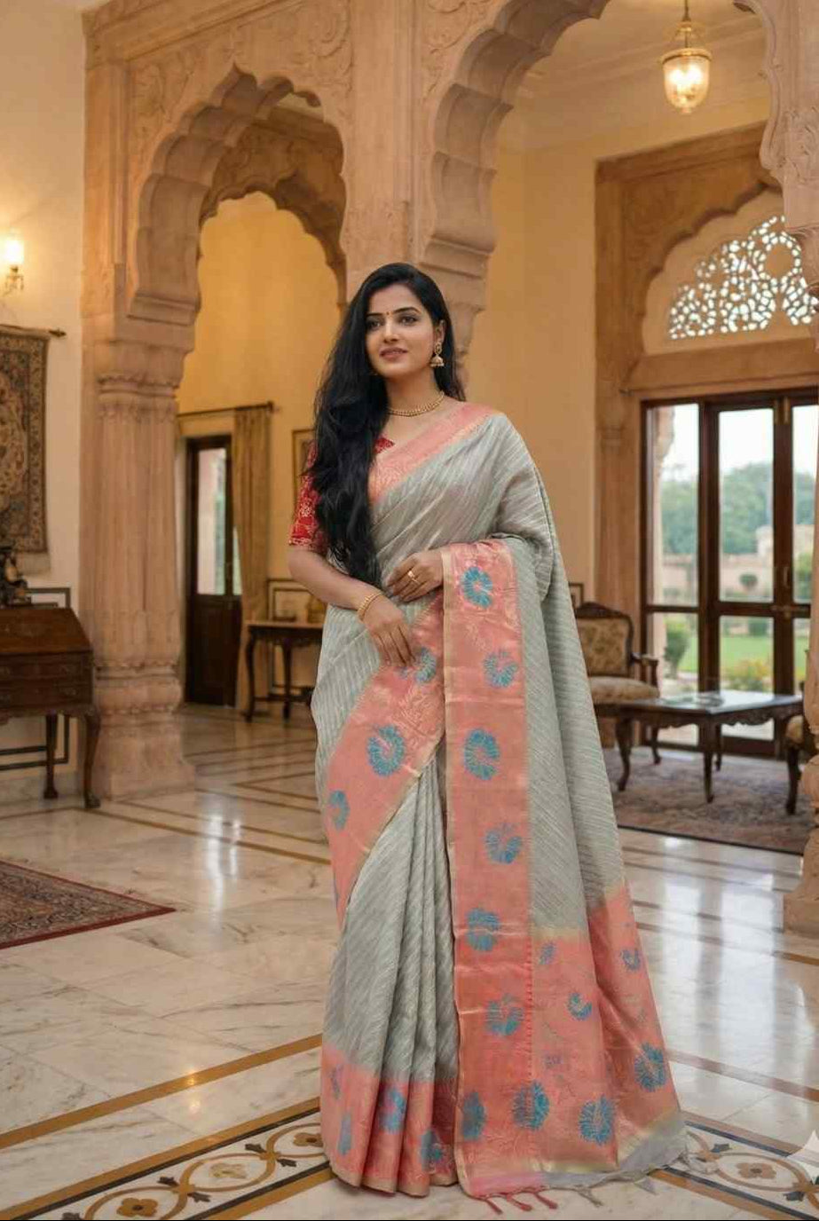 Blue and Peach Kanchi Tissue Saree with Meenakari Border.