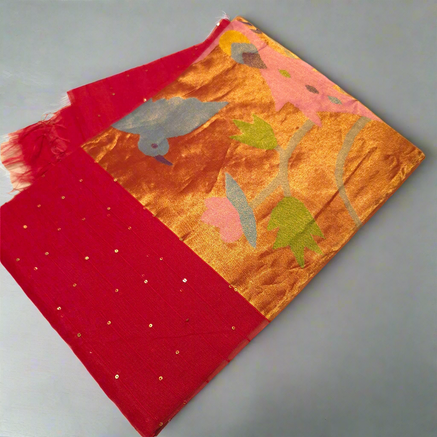 Elegant and Classy Red Colour Muslin Jamdani Tissue weaving Saree