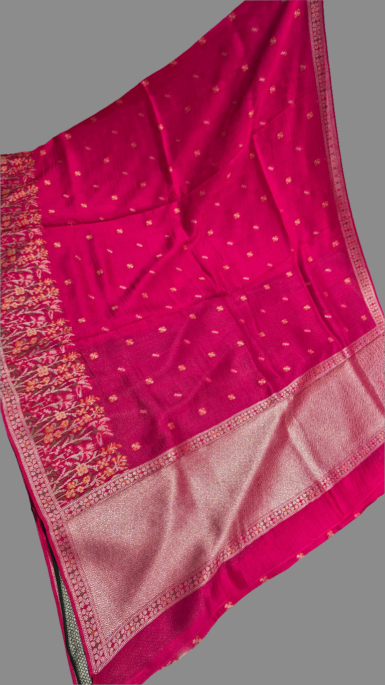 Pink and Green Handloom Matka Silk With Jamdani weaving