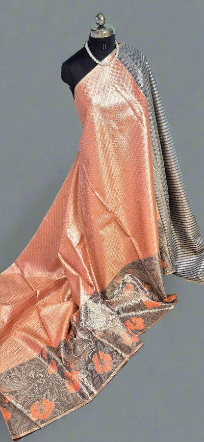 Orange and Grey Kanchi Tissue With Meenakari Border.