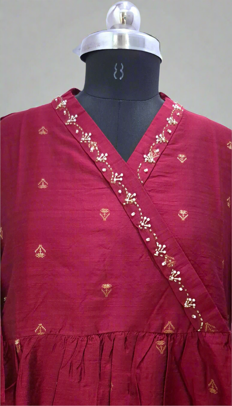 Maroon Color Raw Silk Frock with Handwork