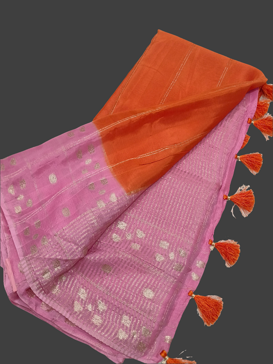 Orange n Pink  elegant Semi Mysore Crepe Silk saree with Gold zari weaving borders