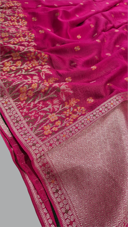 Pink and Green Handloom Matka Silk With Jamdani weaving