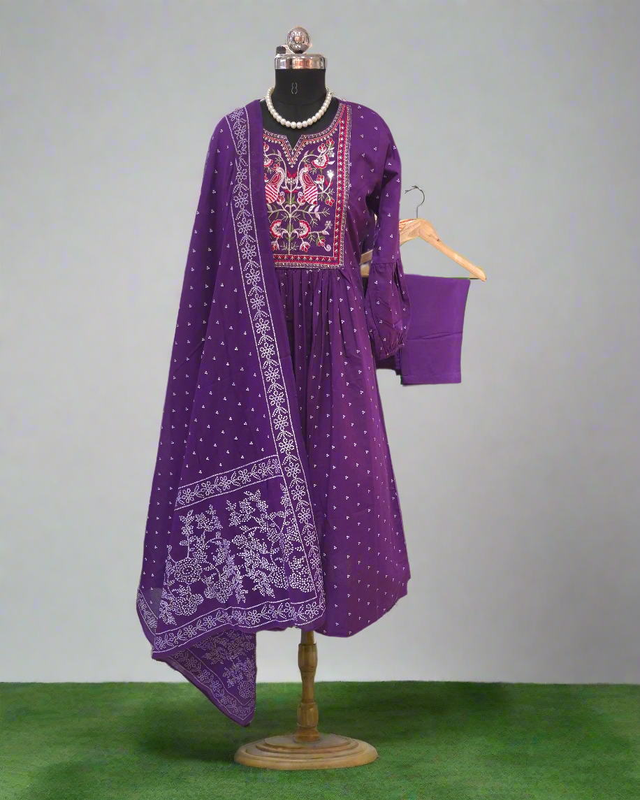 Purple Heavy Cotton 3pc Suit with Embroidery