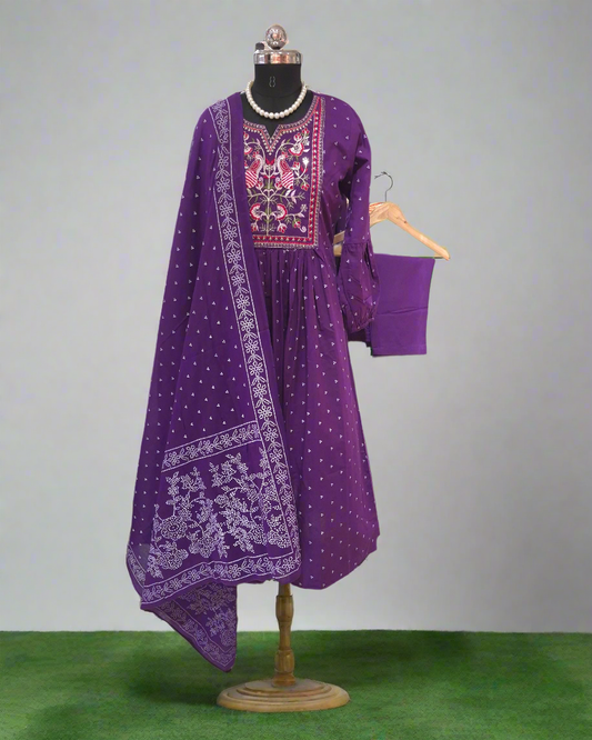 Purple Heavy Cotton 3pc Suit with Embroidery