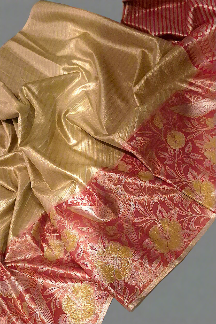 Gold and Red Kanchi Tissue Saree With Meenkari Border.