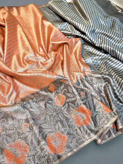 Orange and Grey Kanchi Tissue With Meenakari Border.