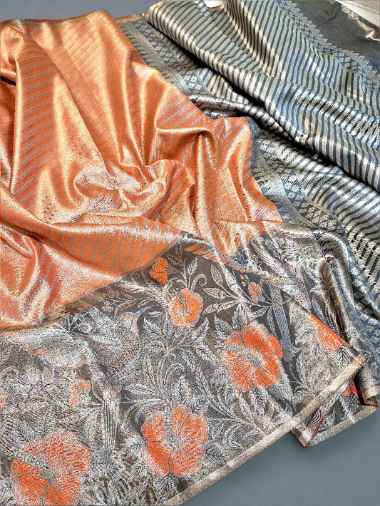 Orange and Grey Kanchi Tissue With Meenakari Border.