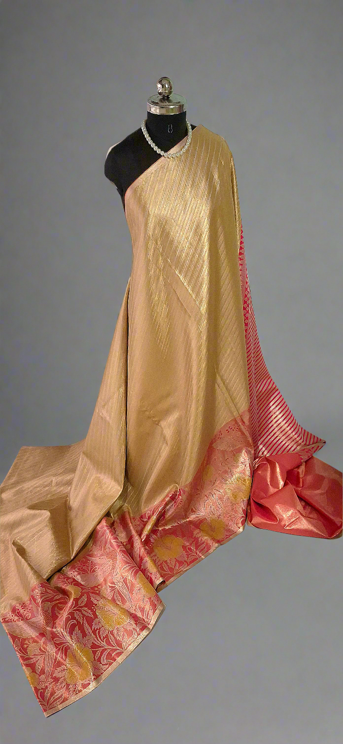 Gold and Red Kanchi Tissue Saree With Meenkari Border.