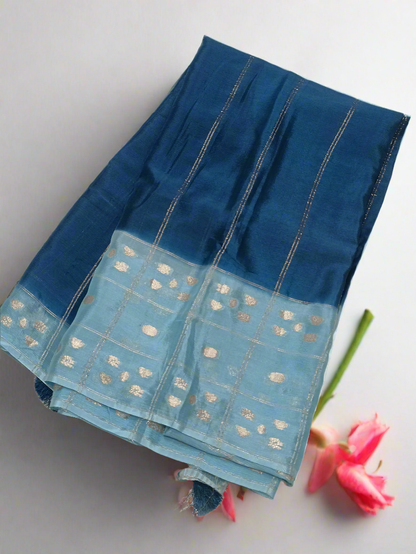 Dark blue n light blue elegant Semi Mysore Crepe Silk Saree with nice weaving buta borders
