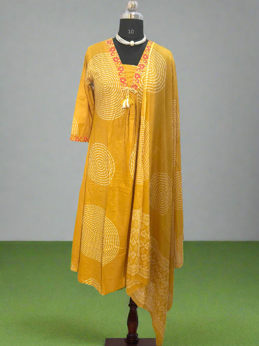 Mustard Yellow Cotton 3pc Suit with Embroidery