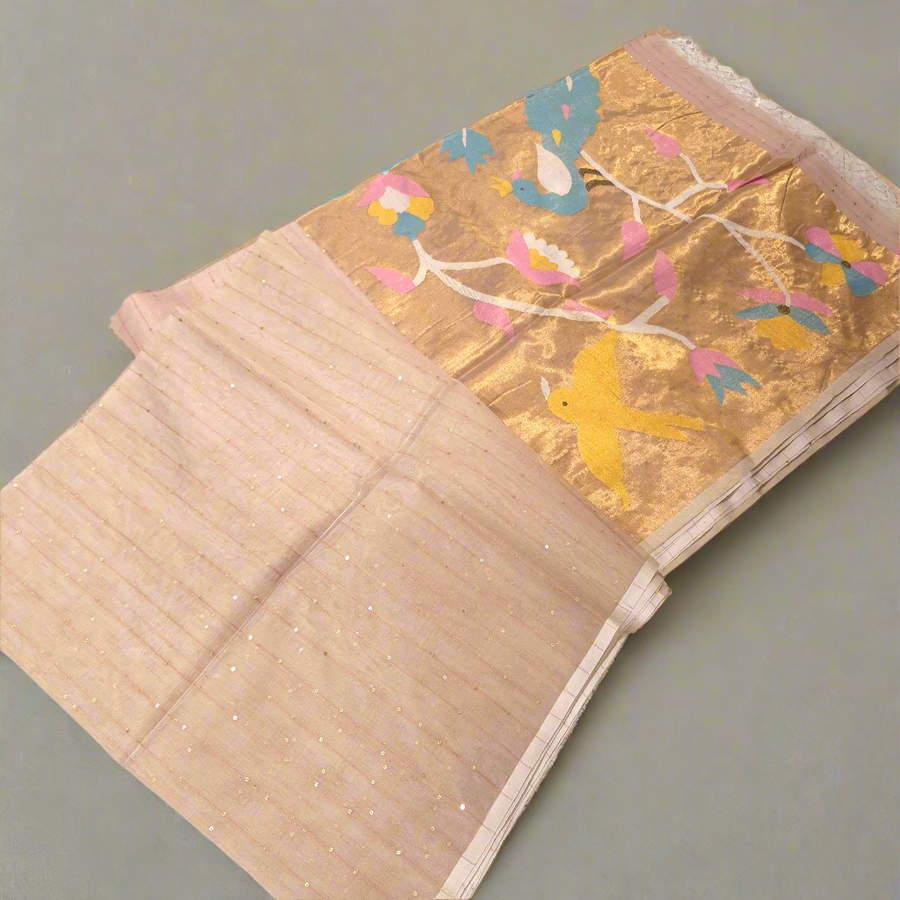 Elegant and Classy Cream Colour Muslin Jamdani Tissue weaving Saree