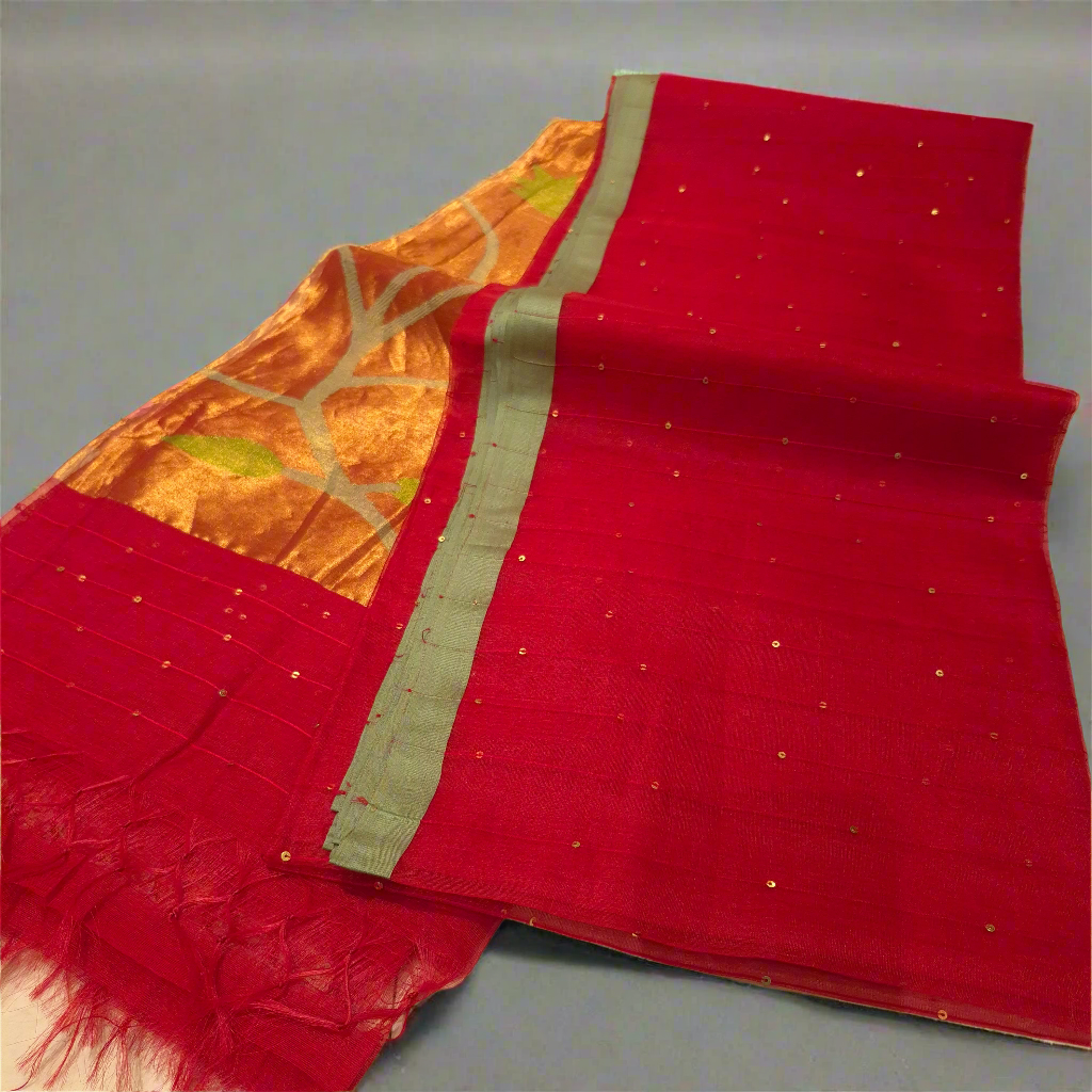 Elegant and Classy Red Colour Muslin Jamdani Tissue weaving Saree