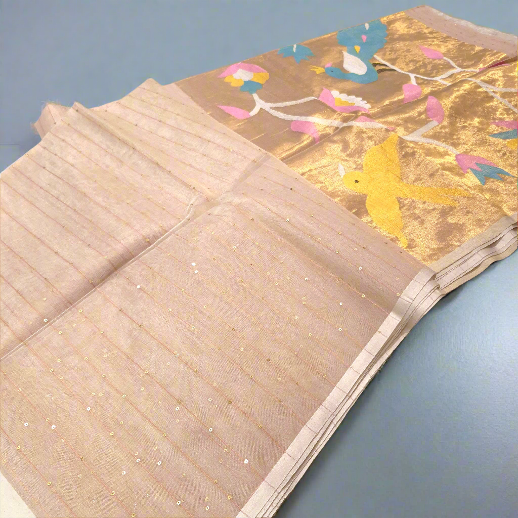 Elegant and Classy Cream Colour Muslin Jamdani Tissue weaving Saree