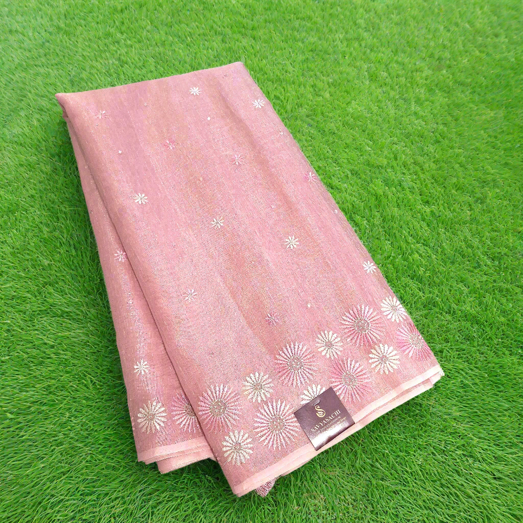 Pastel Pink Lenin Tissue Saree With Embroidery & Mirror work