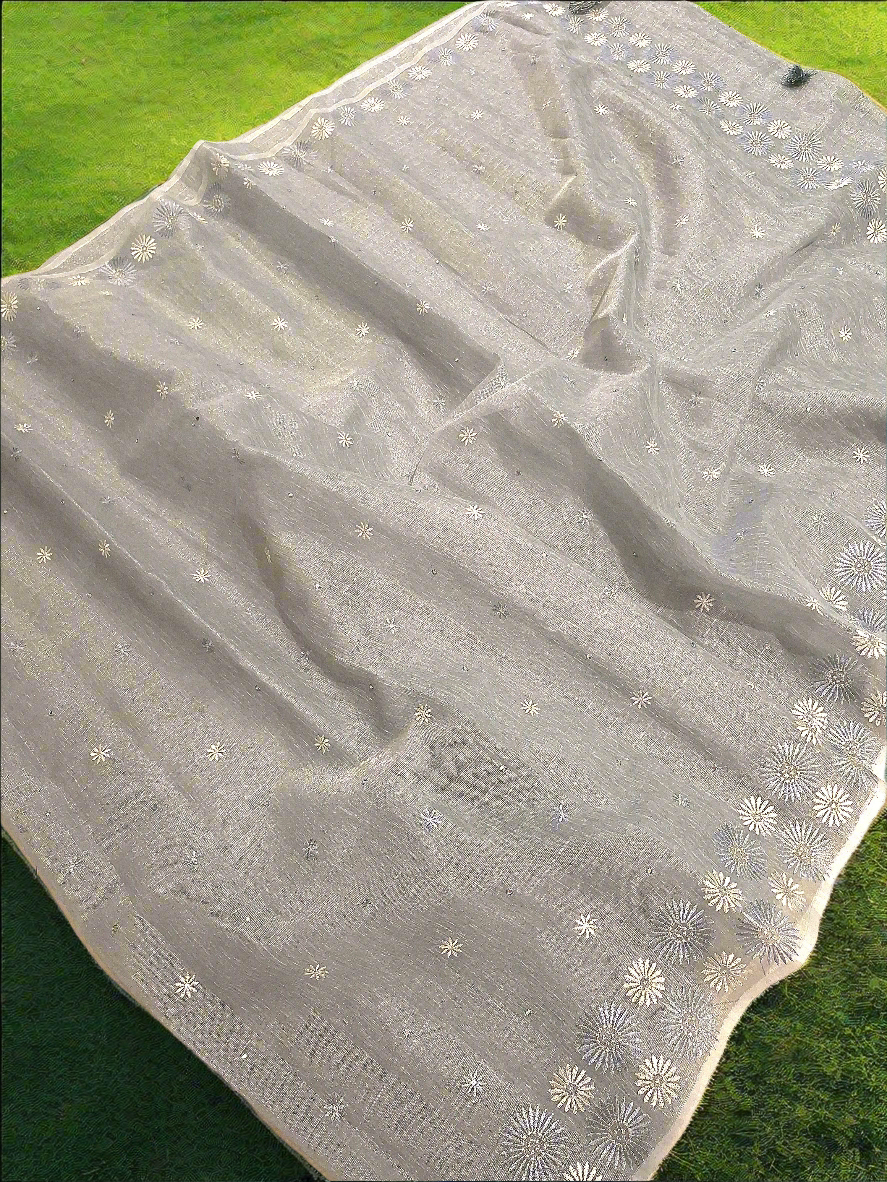 Lenin Tissue Saree With Embroidery & Mirror work