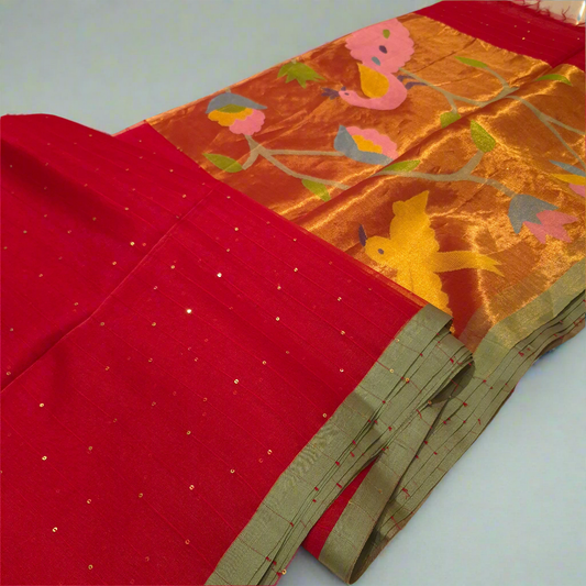 Elegant and Classy Red Colour Muslin Jamdani Tissue weaving Saree