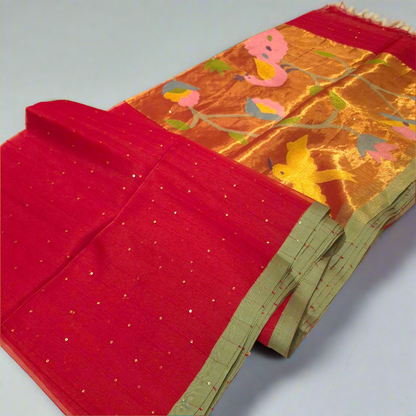 Elegant and Classy Red Colour Muslin Jamdani Tissue weaving Saree