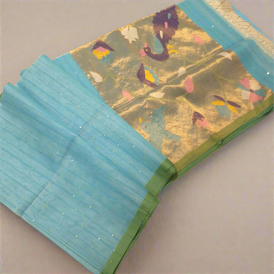 Elegant and Classy Blue Colour Muslin Jamdani Tissue weaving Saree