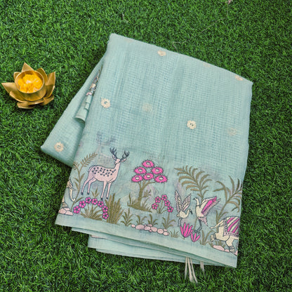 Pastel pure Lenin silk with beautiful embroidery