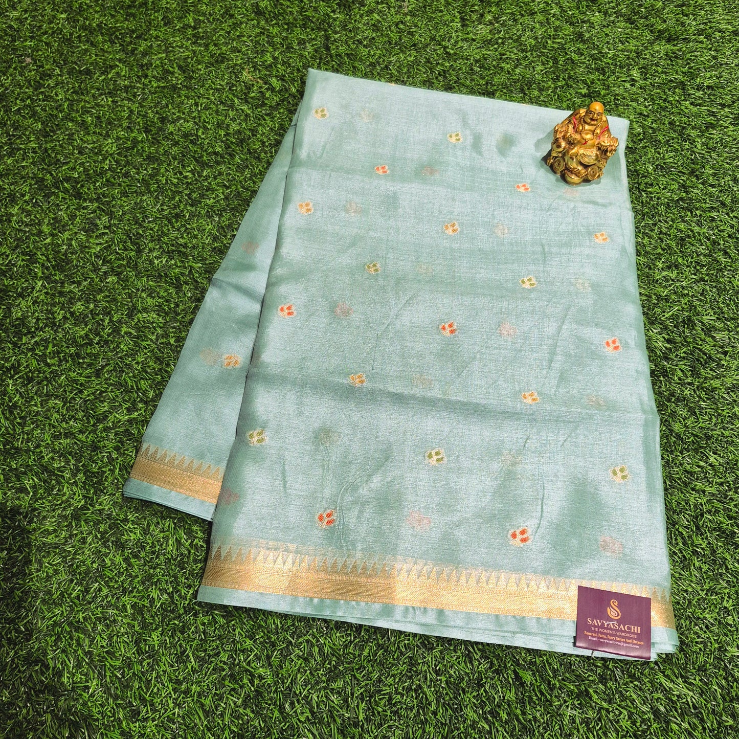 Elegant Pastel Blue Pure Raw mango Silk with Meena weaving butis