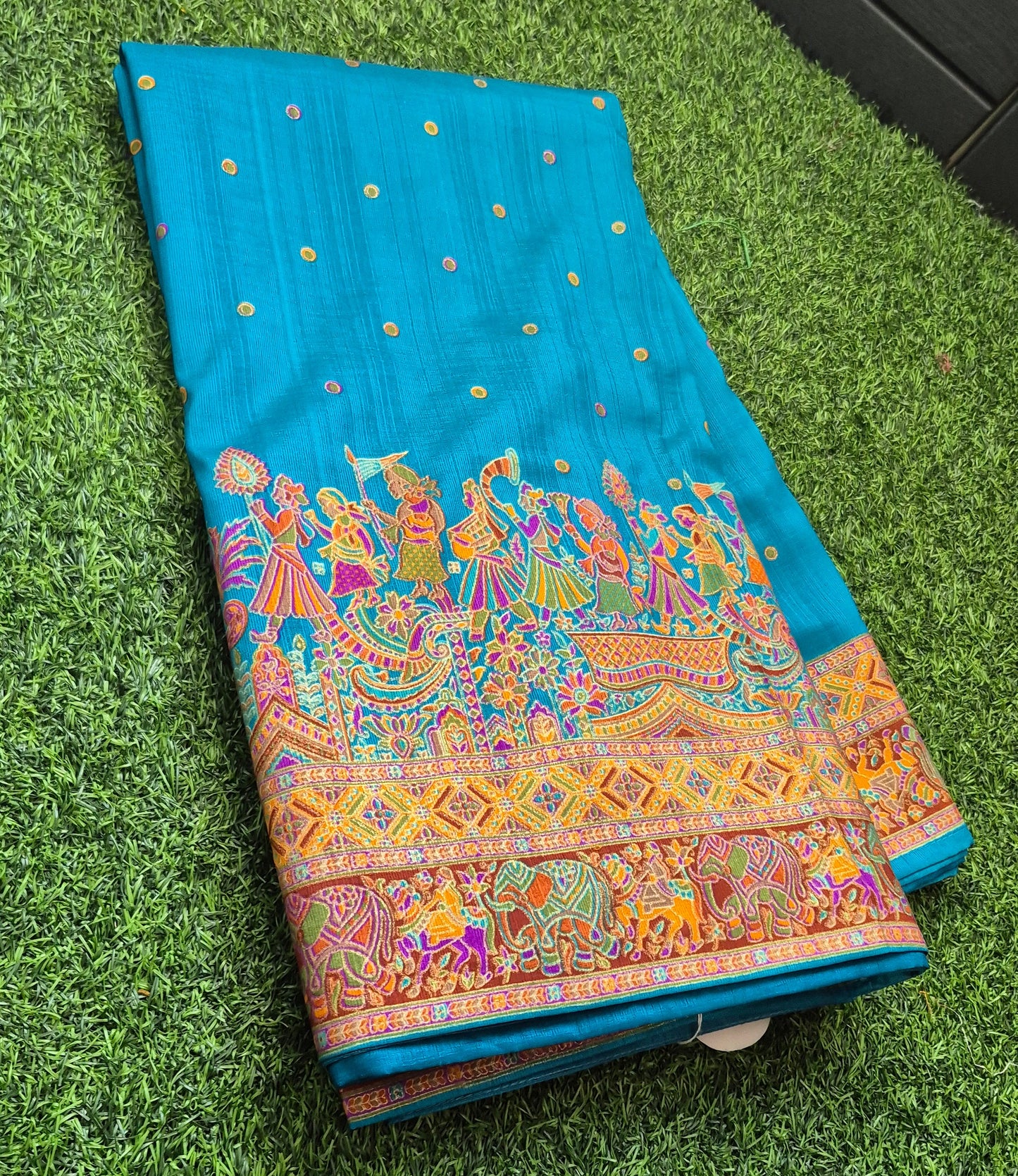 Blue Colour Tussar dupion Silk with beautiful tanjore Prints