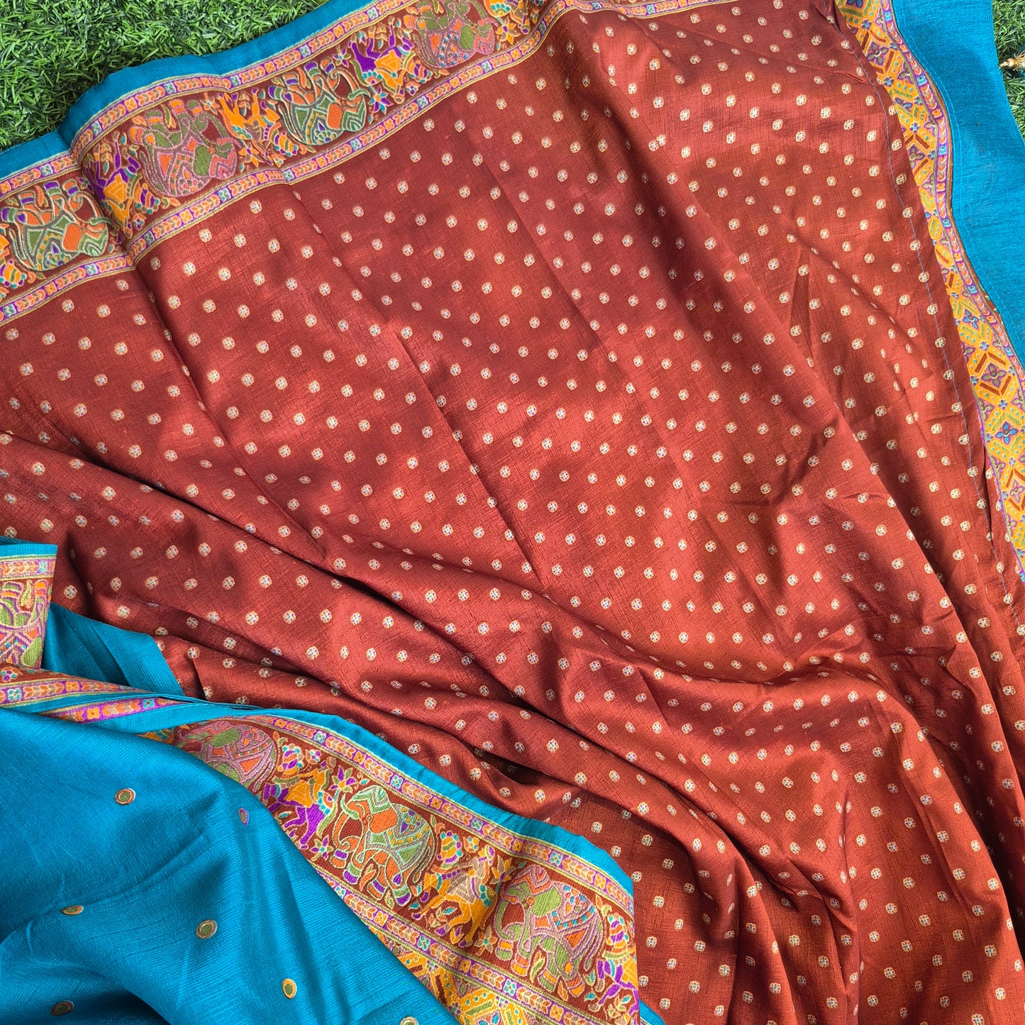 Blue Colour Tussar dupion Silk with beautiful tanjore Prints