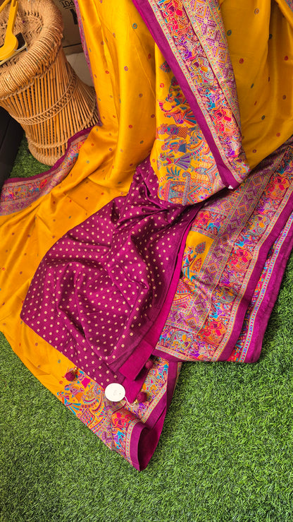 Mustard yellow Tussar Dupion silk saree with beautiful tanjore Prints