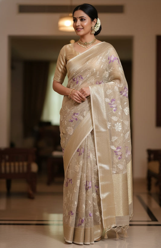 Kanchi Soft Tissue Silk Saree with beautiful embroidery along with grand kanchi weaving borders