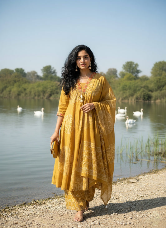 Mustard Yellow Cotton 3pc Suit with Embroidery