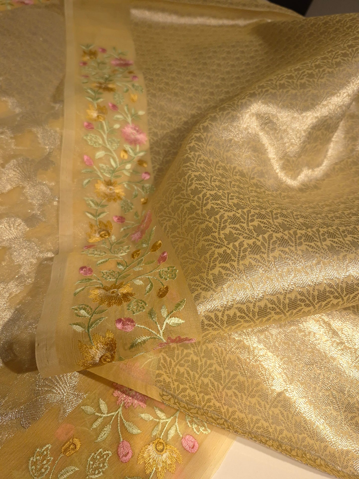 Party wear Pastel yellow kora weaving saree with beautiful embroidery borders