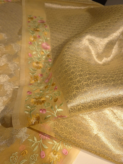 Party wear Pastel yellow kora weaving saree with beautiful embroidery borders