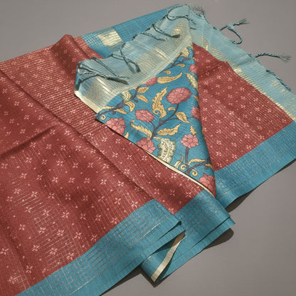 Elegant Premium Tussar Silk with Vintage Checks along with Beautiful Kalamkari blouse