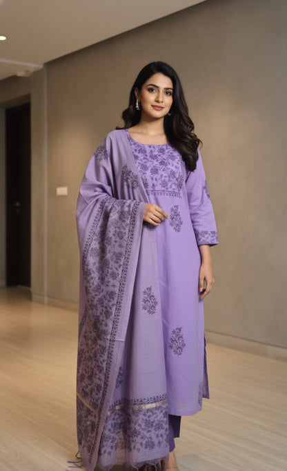 Pure Handloom Maheswari Silk with block printed 3pc Suit