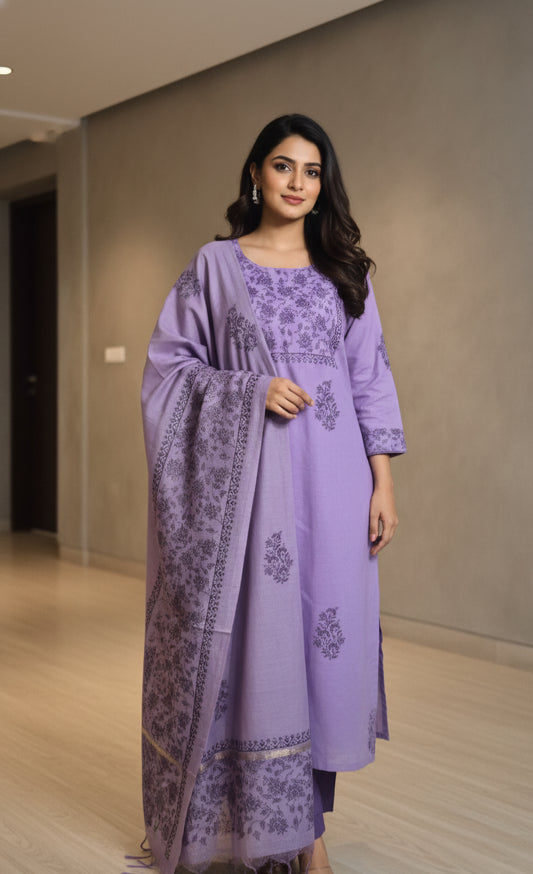 Pure Handloom Maheswari Silk with block printed 3pc Suit