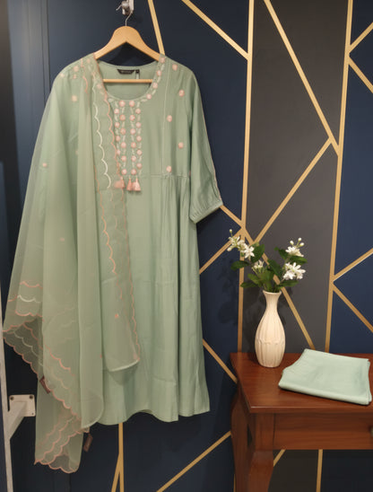 ARHAA Brand Pista green muslin Crepe  ready to wear 3pc suit with beautiful hand embroidery
