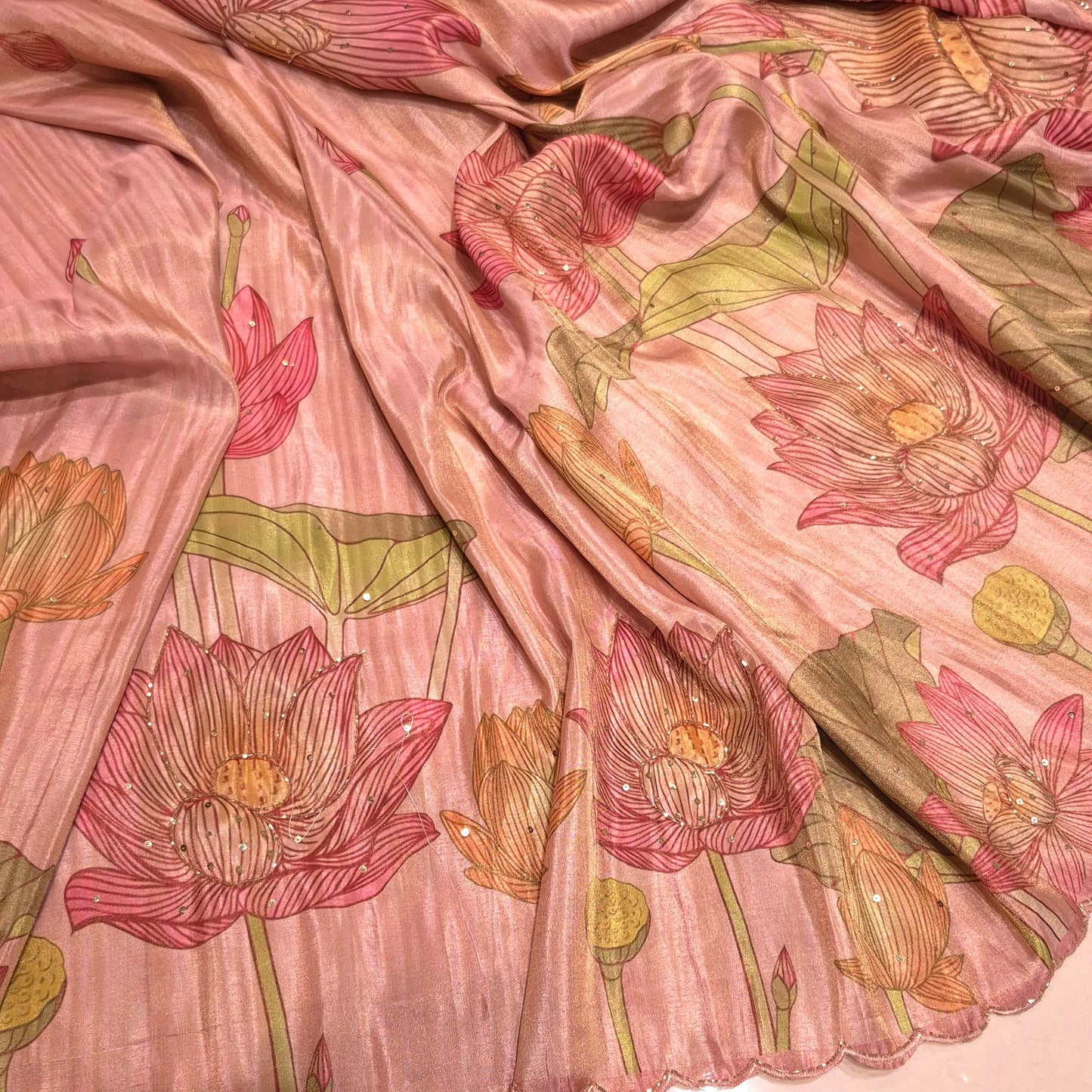 Exclusive Ivory Silk Saree with allover Pichwai design & Glassbead work