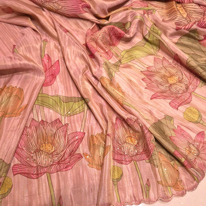 Exclusive Ivory Silk Saree with allover Pichwai design & Glassbead work