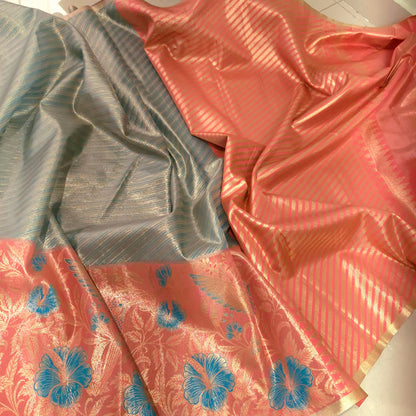 Blue and Peach Kanchi Tissue Saree with Meenakari Border.