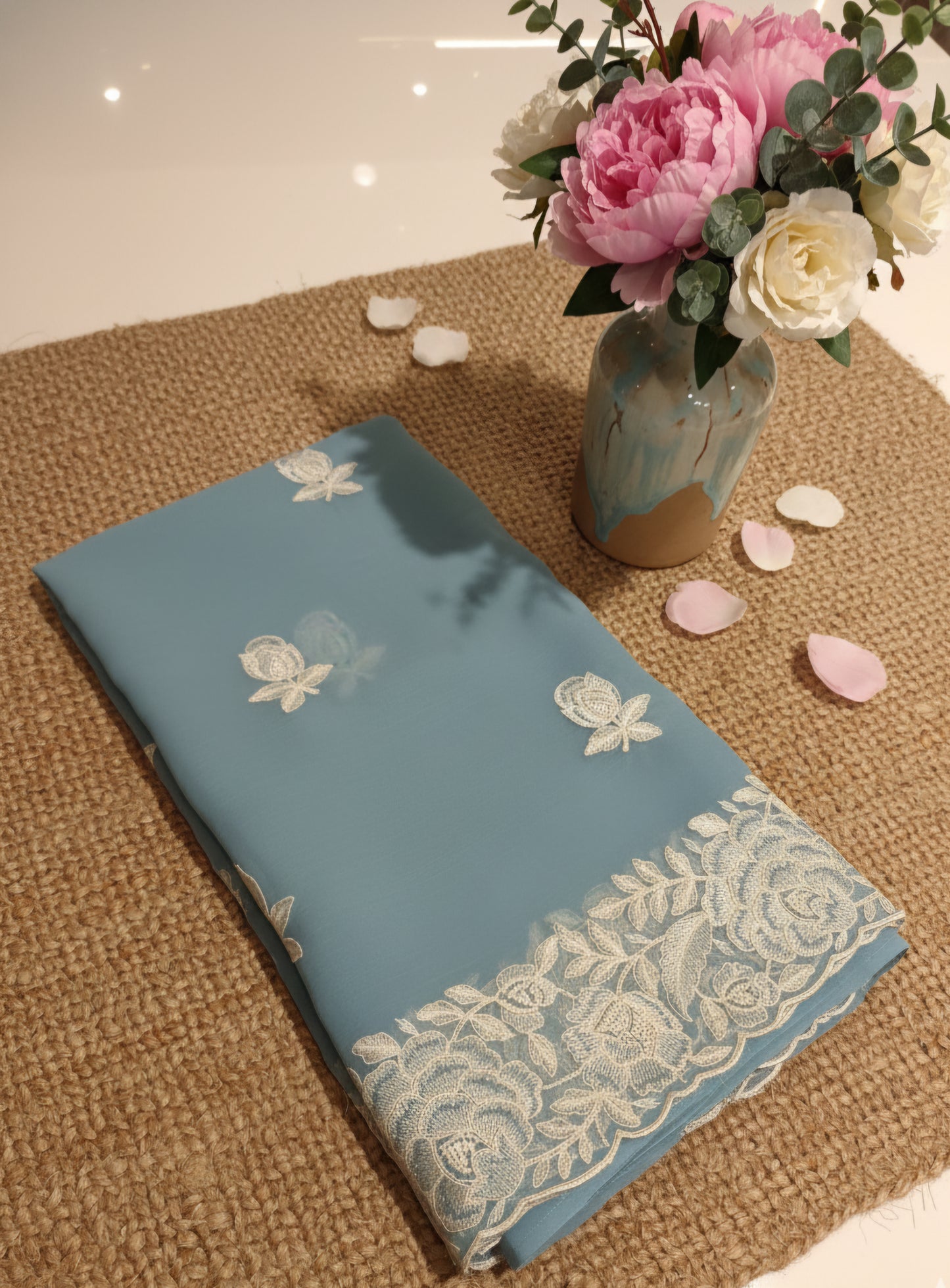 Elegant Kora Chiffon Saree with Beautiful Embroidery Work