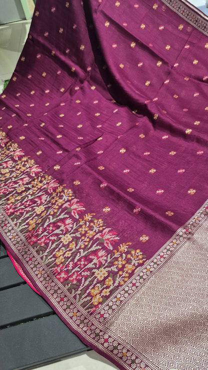 Handloom Wine color Matka Silk With Jamdani weaving