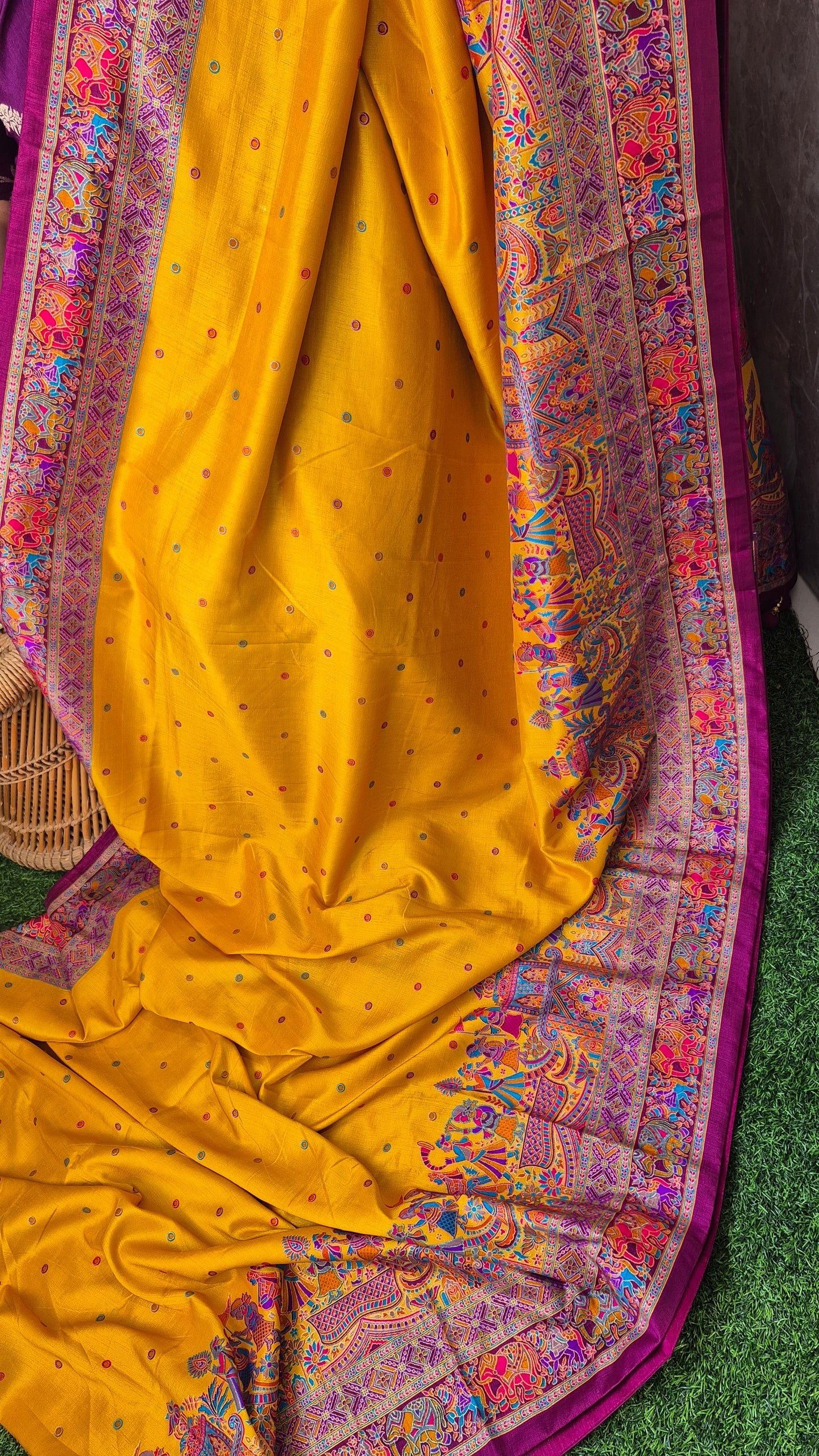Mustard yellow Tussar Dupion silk saree with beautiful tanjore Prints