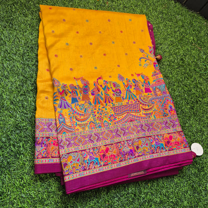 Mustard yellow Tussar Dupion silk saree with beautiful tanjore Prints