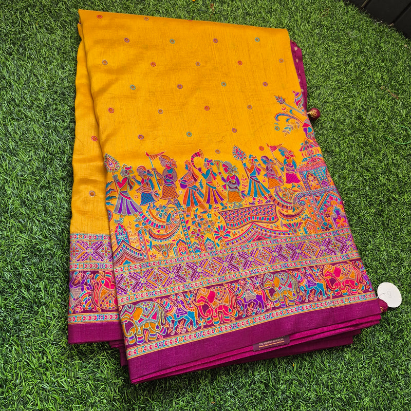 Mustard yellow Tussar Dupion silk saree with beautiful tanjore Prints